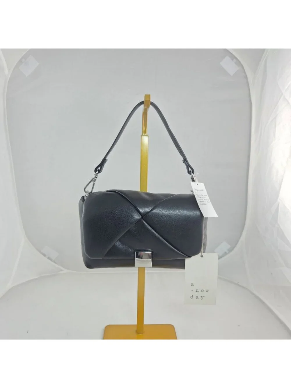 Black Faux Leather Micro Nano Satchel Chain A New Day Soft Puffy Magnetic Close